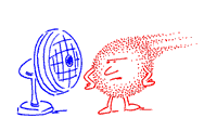 Illustrated character standing in front of a fan